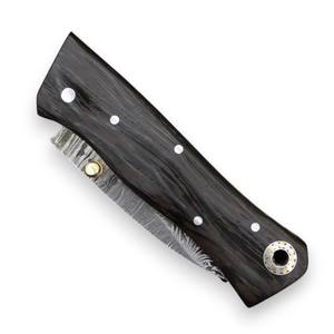 Cuchillo Plegable de Acero de Damasco con Punta Caída, Mango de Madera Wenge, Funda para Transporte Vertical, Cuchillo de Bolsillo EDC para Caza y Camping, Compatible con ODM - Product Image 2
