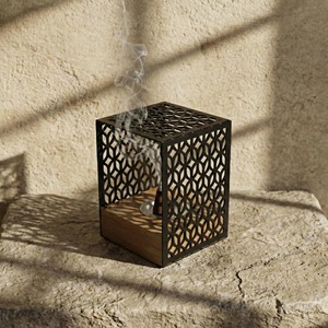 Cubic Metal Incense Burner Holder with <b>Lattice</b> Cutout Design and <b>Wooden</b> Base for Aromatherapy Cone - Product Image 1