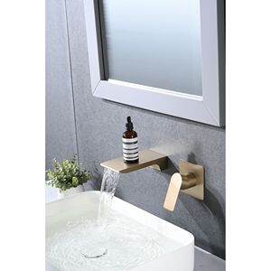 Rubinetto a Cascata Monocomando Oro Spazzolato da Parete per Lavabo Bagno - Product Image 5