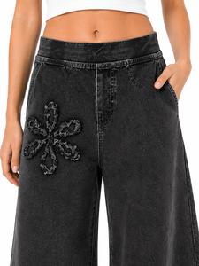 Vaqueros anchos de mezclilla para mujer, negros lavados, de cintura alta, estilo holgado con apliques florales, pantalones de streetwear elegantes y de gran tamaño. - Product Image 5