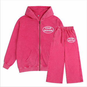Conjunto de Sudadera con Capucha y Cremallera Rosa Lavado Unisex y Pantalones Anchos de Chándal, Estilo Urbano Minimalista, Ajuste Relajado, Logotipo Personalizado, Atuendo Casual de Dos Piezas a la Moda - Product Image 1
