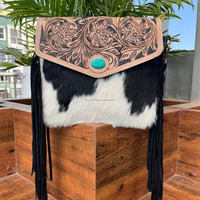 Meilleure vente sac à bandoulière en cuir de vachette à franges usiné à la main pour femme Western Hair On & véritable cuir Turquoise Stone Purse