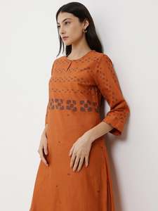 Robe maxi à col rond avec broderie géométrique, manches trois quarts, coupe ample, en lin et coton, décontractée, pour toutes les saisons - Product Image 4