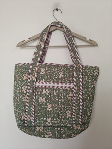 Green Floral Quilted Cotton Tote <b>Bag</b> with Double Handles and Zipper Closure <b>Medium</b> <b>Size</b> Shoulder <b>Bag</b> - Product Image 3