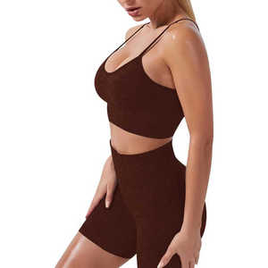 Ensemble de yoga 2 pièces pour femme, taille haute, sans couture, crop top et short, couleur unie, vêtements de sport, Spandex Polyester, col rond, manches courtes - Product Image 2