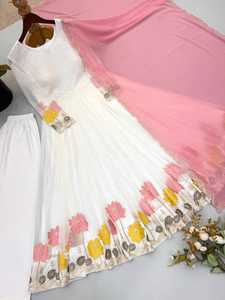 Vestido Anarkali Tradicional Indio/Pakistaní para Mujer, Largo hasta el Suelo, con Dupatta Rosa Estampada, Georgette Sintético, Protección Solar, Secado Rápido - Product Image 2