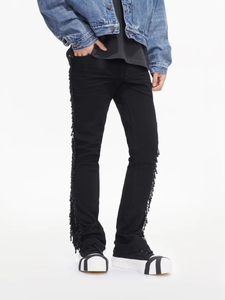 Jean en denim pour homme de haute qualité en coton, marque américaine Highstreet, confortable, taille mi-haute, coupe évasée, avec pompons et perles, délavage noir - Product Image 6