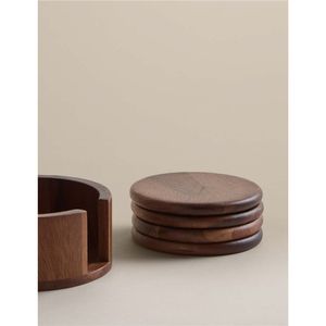 Wholesale Round Wooden Coasters <b>Set</b> with Holder Acacia Wood Drink Coaster Mat Heat Resistant Tableware for Home Hotel Cafe Decor - Product Image 1