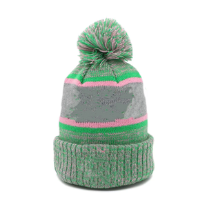 Ensemble bonnet et écharpe longue en acrylique gris avec pompons AKA |   Broderie personnalisée Alpha Kapa Alpha rose et verte |   Vêtements de sororité rayés chauds - Product Image 6