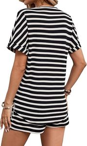 <b>Women's</b> Striped Knitted <b>2</b> <b>Piece</b> Shorts Set V Neck Short Sleeve Loose Fit Casual Spring Summer <b>Outfit</b> With Pockets - Product Image 4