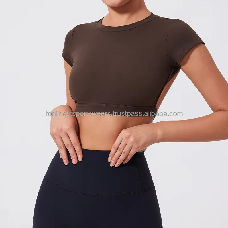 Crew Neck Crop Top Short Sleeve Solid Colour Spandex Polyester Yoga Wear for Women Breathable Four-Way Stretch