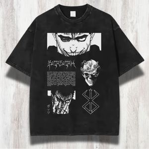 T-shirt graphique Berserk pour homme, coupe ample, noir, manches courtes, style streetwear, motif crânes imprimés, col rond, jersey de coton - Product Image 4