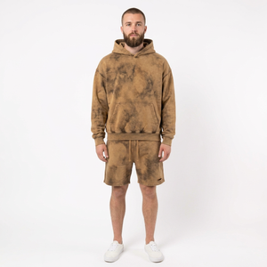 Custom <b>Men's</b> <b>Hoodie</b> <b>And</b> <b>Shorts</b> <b>Set</b> Heavy Brushed Fleece Two Piece Streetwear Outfit With Woven Label Graphic Elastic Waist - Product Image 4