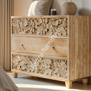 Commode à 3 tiroirs en bois massif artisanal de luxe, ornée de sculptures florales tropicales, finition naturelle en bois de manguier - Product Image 2