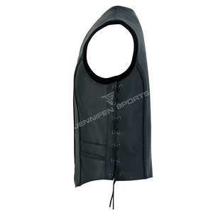 Chaleco de Motociclista de Cuero Negro para Mujer, Chaleco de Motociclista con Paneles Laterales Elásticos, Cordones Laterales, Cierre de Cremallera Delantero, Estilo Clásico - Product Image 3