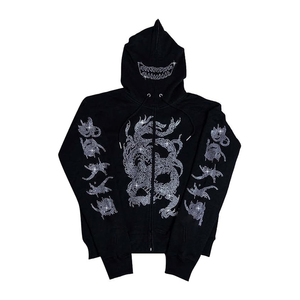 Sweat-shirt à capuche zippé noir surdimensionné pour homme, imprimé dragon en strass, streetwear, tissu tricoté, manches régulières, automne - Product Image 1