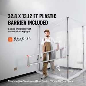 Poteaux télescopiques anti-poussière de 12 pieds, 4 poteaux, sac de transport en film plastique de 32,8x13,12 pieds, système de barrière anti-poussière de 13,12 pieds, outils de nettoyage - Product Image 3