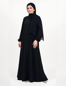 Muslim Women Everyday Casual Black Abaya Set Saudi Solid Long <b>Elastic</b> Sleeve Floor-Length Straight Modest Full Cover Simple - Product Image 1