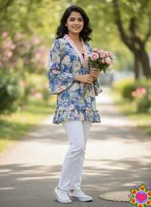 Kurtis de Poliéster y Rayón con Estampado Floral para Mujer, Largo Midi, Estilo Tradicional Informal de India y Pakistán, Corte Regular, Blusa para Mujer - Product Image 3