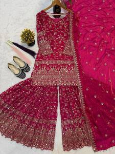 Conjunto de Traje Sharara Bordado de Diseño de Lujo para Mujer, con Trabajo de Hilo Pesado, Estilo Étnico Pakistaní, Salwar Kameez con Dupatta para Bodas - Product Image 1