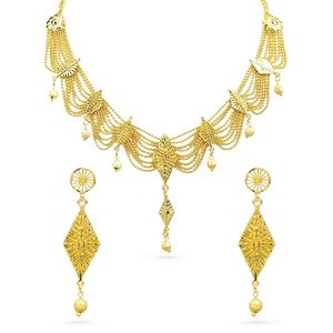 Parure de bijoux ethniques indiens pour femme, plaqué or, avec collier ras-du-cou, collier long et boucles d'oreilles, design Rani Haar, pour mariage - Product Image 1