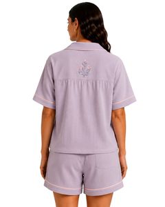Ensemble pyjama violet lavande pour femmes, manches courtes, en coton popeline, vêtements de détente brodés, vêtements de nuit d'été, ensemble short boutonné - Product Image 2