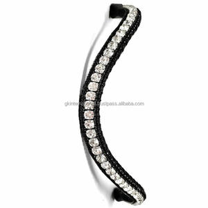 Banda frontal para caballo de cuero inglés negro, diseñada con 3 hileras de cristales blancos y negros, banda frontal brillante con pedrería. - Product Image 1