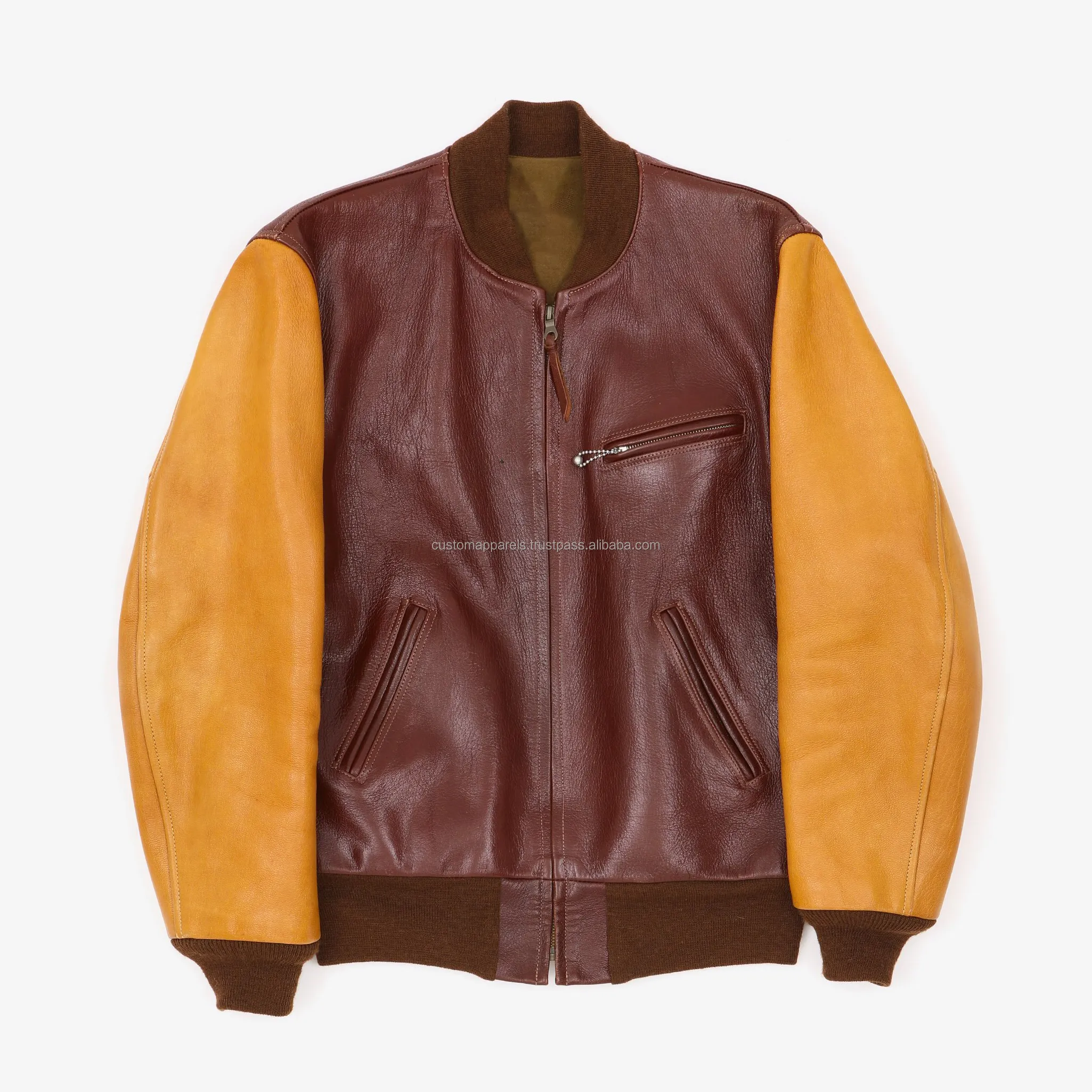 Individuelles Freizeit-Design Herren hochwertiges Kuhfell Leder Varsity-Jacke Front Reißverschluss-Jacken