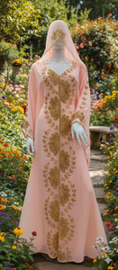 ชุดเดรสคาฟตันสีพีชสุดหรู พร้อมฮิญาบคลุมศีรษะแบบมีฮู้ด น้ำหนักเบา ระบายอากาศได้ดี ผลิตด้วยมือ เหมาะสำหรับโอกาสพิเศษ - Product Image 2