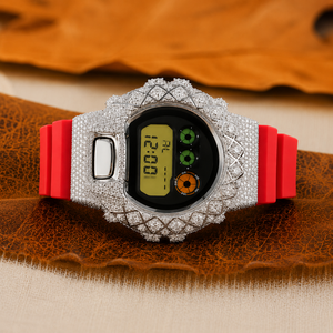 Bold Hip Hop Luxury Quartz Digital Watch Iced Silver Tone Stainless Steel Bezel <b>Red</b> Strap Sparkling Stones Modern Design - Product Image 1