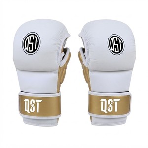 Gants de boxe QST MMA en cuir PU blanc et or pour l'entraînement |   Gants Shutter à fermeture Velcro respirants pour adultes, arts martiaux, sparring - Product Image 3