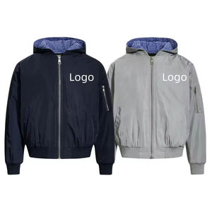 Blouson bomber à capuche pour homme, fermeture éclair, coupe-vent, couleur unie, en polyester, avec logo sur le devant, idéal pour l'automne - Product Image 1