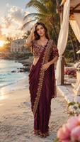Sari en soie violette pour femme avec broderie dorée, tenue de mariage indienne traditionnelle, longueur au sol, coupe classique, pour adultes