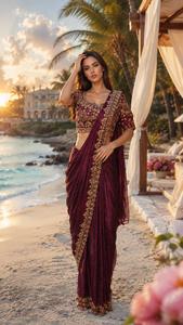 Women's Purple Silk <b>Saree</b> With Gold Embroidery Traditional Indian Wedding Wear Floor-Length Regular Fit Sari For Adults - Product Image 2