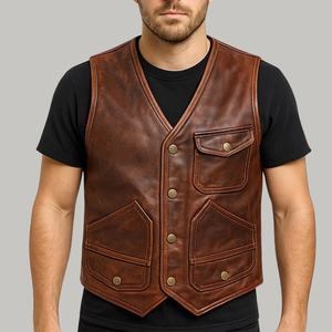 handcrafted vintage Brown <b>leather</b> Biker Vest Men's Western Waistcoat With Multiple Pockets And Button Closure All Seasons Wear - Product Image 6
