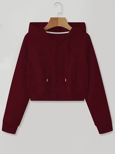 Sweat-shirt court oversize pour femme, couleur bordeaux, avec appliqué cerise dorée et imprimé au dos, manches longues, style décontracté - Product Image 2