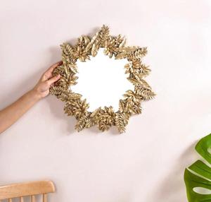 <b>Craft</b> India Overseas Golden Leaf Frame Round Wall <b>Mirror</b> Traditional Metal Art Durable Decorative Design for Anniversary - Product Image 2