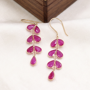 New Arrival Natural Ruby Leaf Shaped Gemstone Drop Dangle <b>Earring</b> in 18k Yellow Gold Handmade Jewelry Wholesaler - Product Image 4