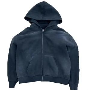 Sweat à capuche zippé rose délavé vintage pour homme, coupe oversize, effet délavé à l'acide, streetwear déchiré, pull décontracté en coton - Product Image 2