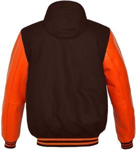 Custom Men Varsity Jacket <b>Brown</b> <b>Wool</b> Body And Orange Leather Sleeves Snap Button Hooded Letterman Jacket - Product Image 2