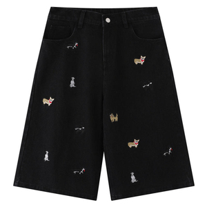 Shorts de Mezclilla Unisex con Estampado de Perro Bordado, Estilo Urbano, Pierna Ancha, Lavados, con Logotipo Personalizado, Venta al Por Mayor OEM B2B - Product Image 3