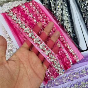 Ribete de encaje de malla con pedrería de cristal brillante de primera calidad para vestidos de novia de alta costura, ropa étnica de lujo, hecho a mano con PU - Product Image 1
