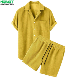 Ensemble de pyjama en velours côtelé jaune pour homme NAIMAT, chemise à manches courtes et short, couleur unie, respirant, tenue décontractée pour l'été - Product Image 1