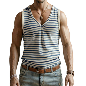 Débardeur Homme Personnalisé à Rayures avec Logo, Col en V Profond, Coupe Musclée, Sans Manches, pour la Gym et le Fitness, Débardeurs Décontractés d'Été pour Hommes - Product Image 3