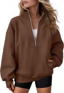 Sweat-shirt noir pour femme à demi-zip, en molleton épais de qualité supérieure, coupe oversize, avec poche kangourou, idéal pour se détendre - Product Image 6