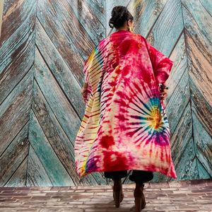 Robe kimono pour femme, dernière tendance, taille unique, avec ceinture, tissu en rayonne, tie-dye fait main, col en V profond, écologique, 1 pièce - Product Image 2