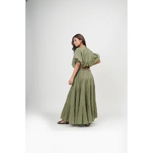 Conjunto de Dos Piezas Verde Oliva para Mujer, Top Corto con Mangas Abullonadas, Falda Larga Plisada, Color Sólido, Estilo Casual de Primavera, Teñido Liso, ODM - Product Image 4