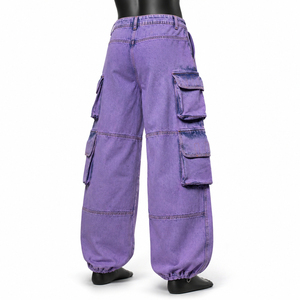 Pantalon cargo violet pour homme, taille haute, coupe ample, en denim de coton délavé, style utilitaire, couleur unie, avec poches, collection automne 2026 - Product Image 4
