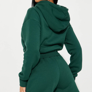 Ensemble sweat-shirt à capuche et short en polaire pour femme, 2 pièces, vert uni, vêtements de sport décontractés, fermeture éclair sur le devant, coupe régulière, longueur au-dessus du genou - Product Image 4