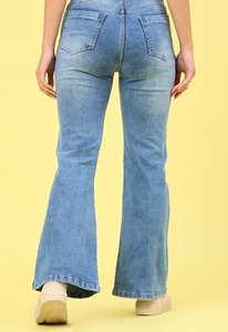 Women's Casual Blue Denim <b>Boot</b> Cut Jeans Mid Waist Knee Length Flattering Relaxed Fit Vintage Versatile - Product Image 4